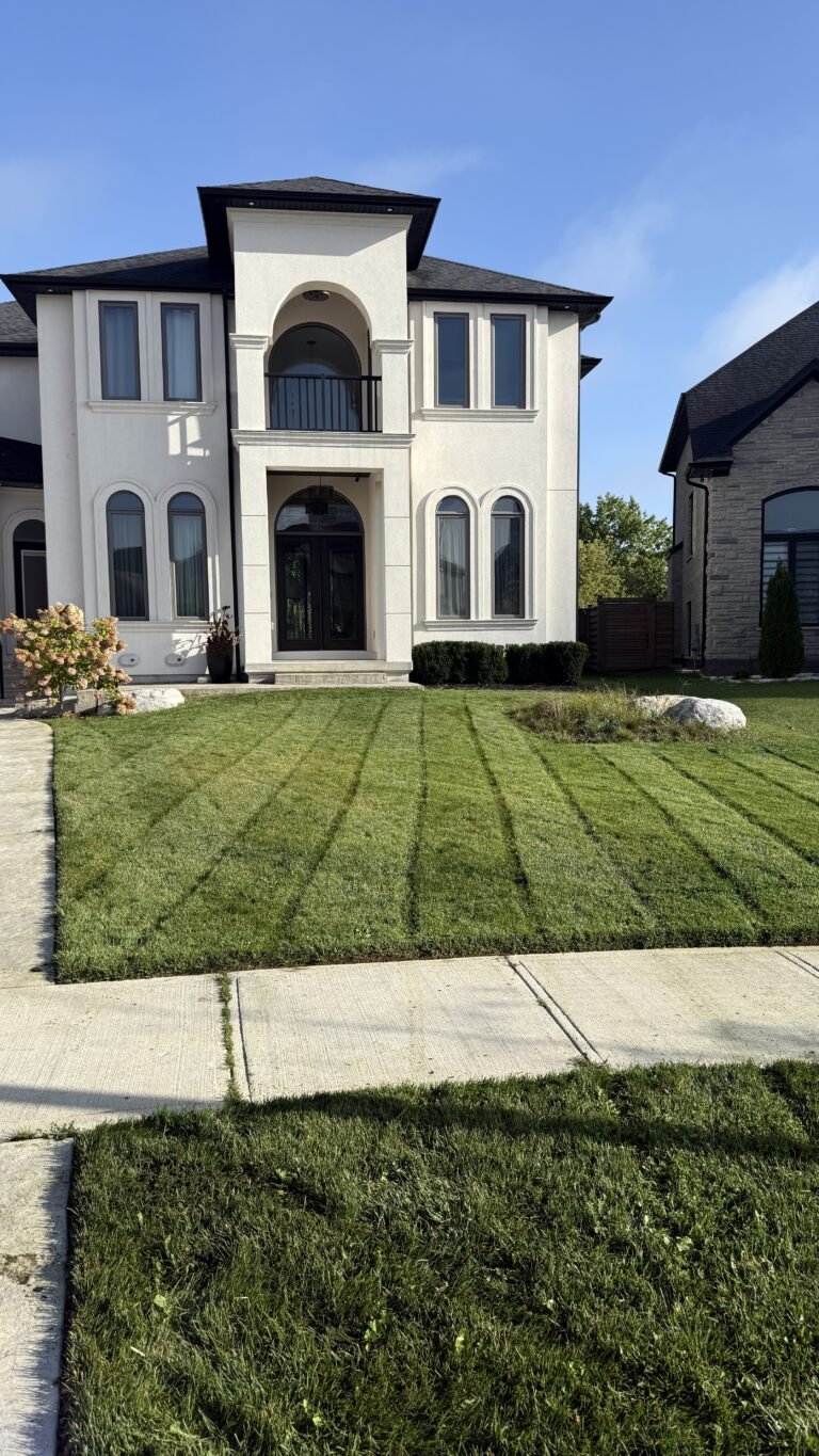 Professional lawn mowing service in London, Ontario with striped, manicured lawn by SG Mowing"