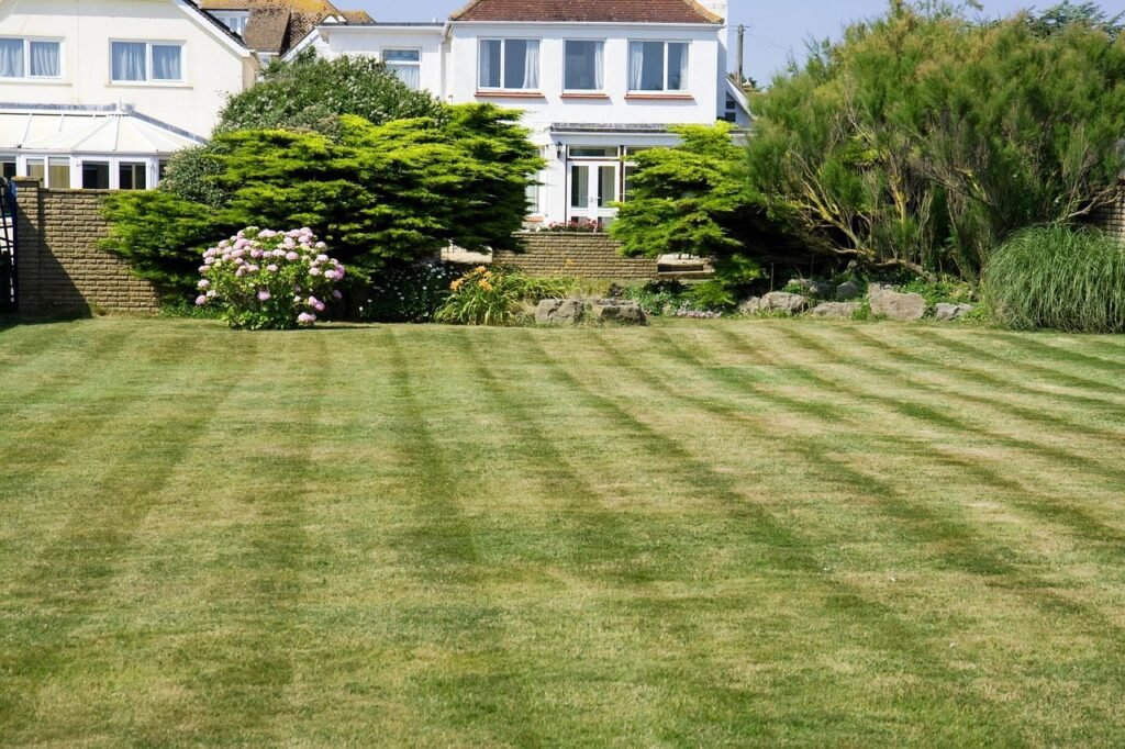 Komoka ON weekly lawn mowing – healthy green grass with clean stripes in a residential yard