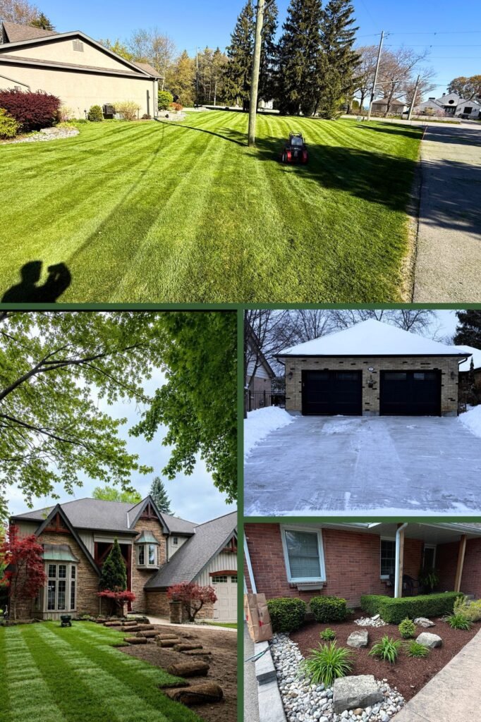 Collage showcasing lawn mowing, sod installation, landscaping, mulch installation, and snow removal services by SG Mowing in London, Ontario